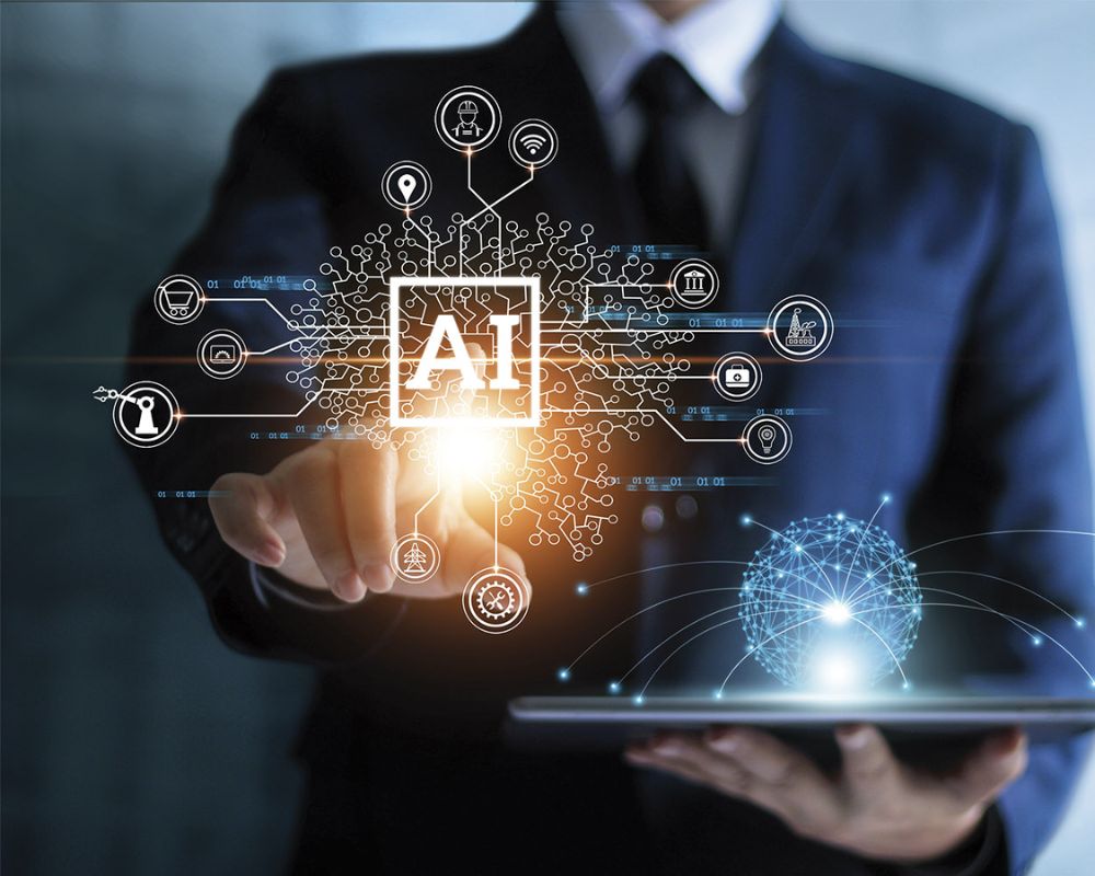 Representación visual de la IA en el ámbito legal, mostrando un profesional interactuando con íconos tecnológicos y un holograma.