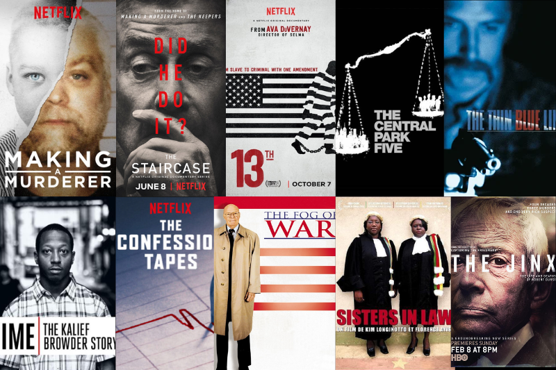 Collage de carátulas de documentales sobre temas de derecho y justicia.