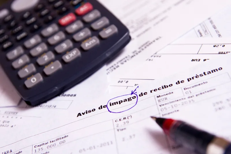 Aviso de impago de recibo de préstamo con una calculadora y un bolígrafo sobre documentos financieros.