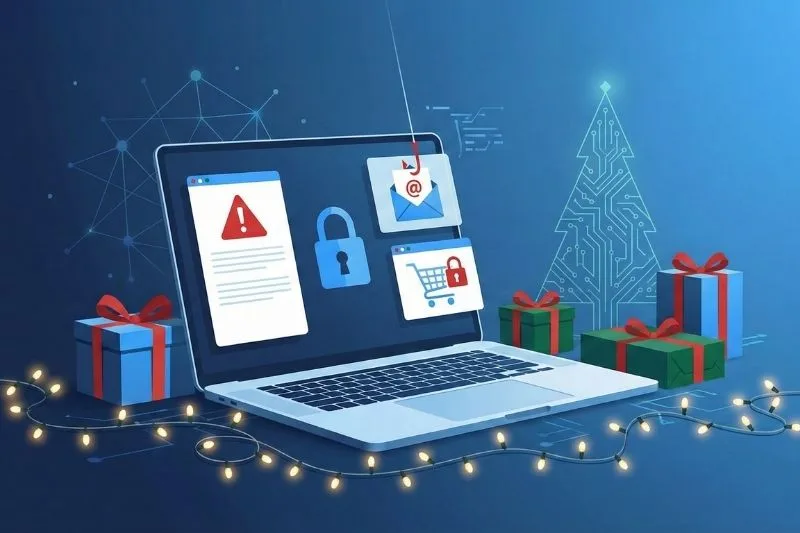 Laptop mostrando alertas de seguridad digital rodeada de regalos navideños, simbolizando las estafas online en Navidad