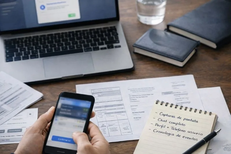 bizum inverso que hacer recopilar pruebas - Estafa Bizum inverso: qué es y qué hacer si has pagado sin querer Escritorio con móvil y documentación para Bizum inverso qué hacer tras el fraude
