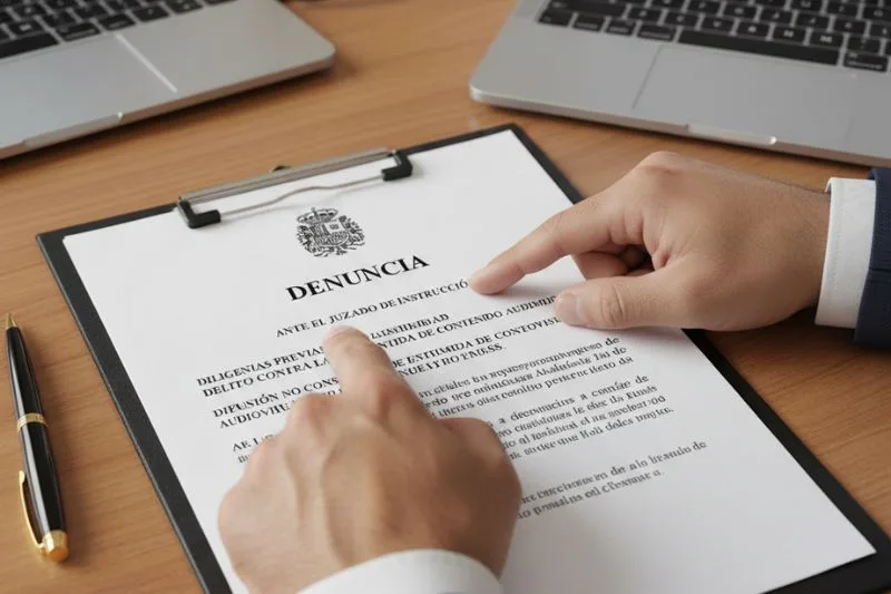 denuncia legal difusion video sin permiso - Difusión de un vídeo sin permiso: límites legales y pasos urgentes Primer plano de un formulario de denuncia ante el juzgado por la difusión de un vídeo sin permiso y vulneración de la intimidad.