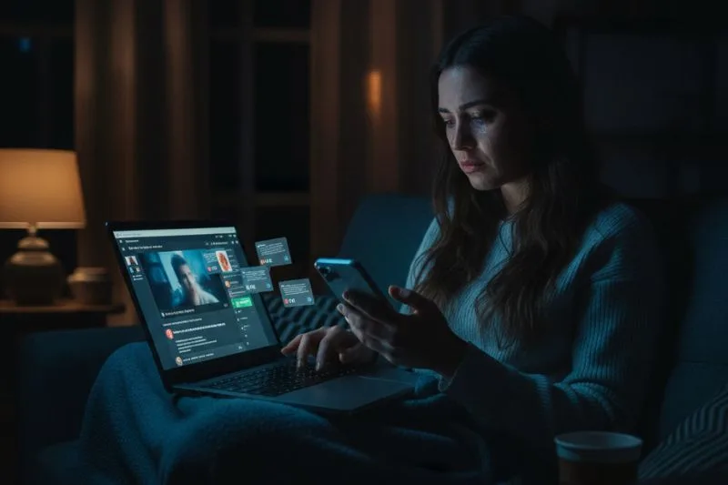 difusion video sin permiso consecuencias legales - Difusión de un vídeo sin permiso: límites legales y pasos urgentes Mujer preocupada mirando un portátil y un móvil tras la difusión de un vídeo sin permiso en redes sociales.
