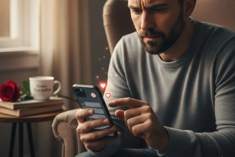 Persona revisando mensajes en el móvil ante una estafa romántica San Valentín (romance scam)