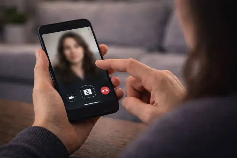 Persona en videollamada con el móvil a punto de compartir pantalla en un robo de cuenta de WhatsApp