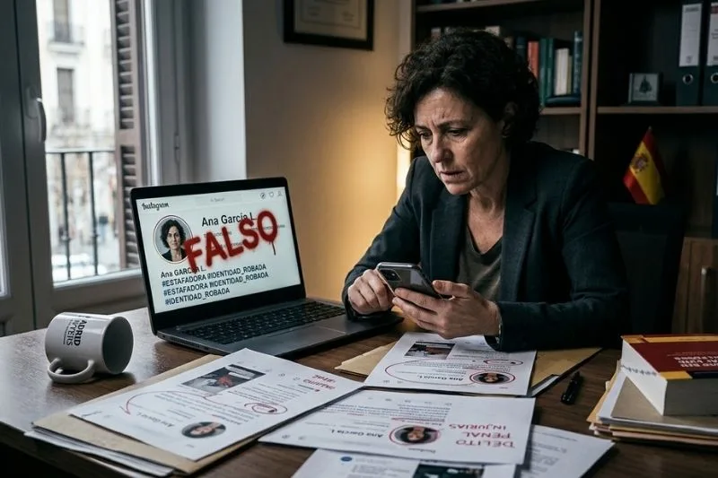 Persona revisando un perfil falso en un caso de suplantación de identidad en redes sociales