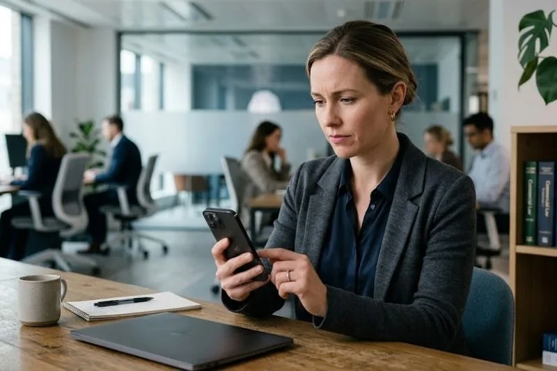 Persona mirando un móvil ante un caso de suplantación de identidad por WhatsApp